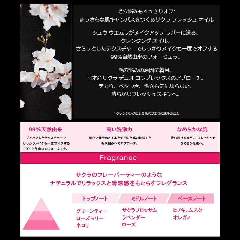 シュウ ウエムラ フレッシュ クリアサクラ クレンジングオイル 15ml ミニサイズ 特製サイズ ミニボトル サンプル メイク落とし 化粧落とし 日本の八重桜由来成分 最小分子採用 洗浄 整肌 スキンケア SHU UEMURA shu uemura