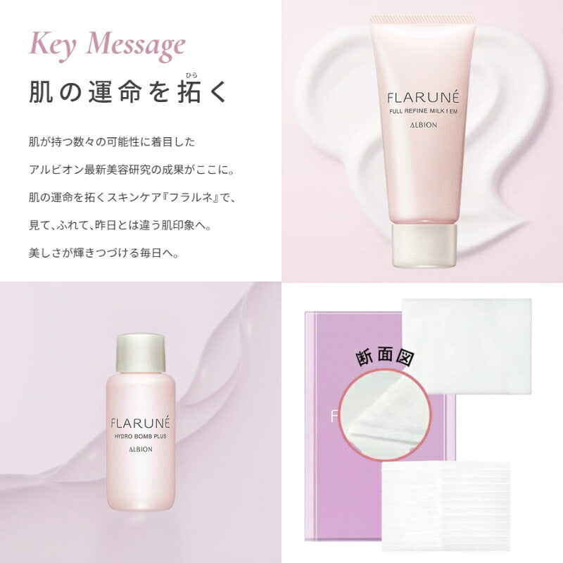 アルビオン フラルネ スペシャルセット（フルリファイン ミルク f EM 18g & ハイドロボム プラス〈化粧水〉18ml & コットン 12枚入）外箱付き ミニキット ミニサイズ 特製サイズ サンプル 乾燥・肌荒れ防ぐ うるおい 毛穴・くすみケア ALBION albion