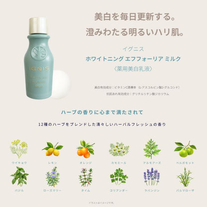 イグニス ホワイトニング エフフォーリア ミルク〈薬用美白乳液〉21g 外箱なし ミニサイズ 特製サイズ サンプル 美白有効成分 抗肌荒れ有効成分 肌をやわらげる 弾むようなハリ 肌あれを防ぐ メラニン生成抑制 シミ・ソバカス防止 伝統植物配合 IGNIS ignis