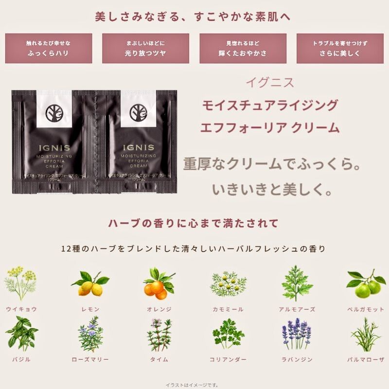 イグニス モイスチュアライジング エフフォーリア クリーム 0.4g*6枚 お試しセット サシェサンプル トラベルサイズ エイジングケア 保湿成分 ハリ 密着感 伝統植物エキス贅沢配合 積極的に肌サポート 心地よいハーバルフレッシュの香り IGNIS ignis