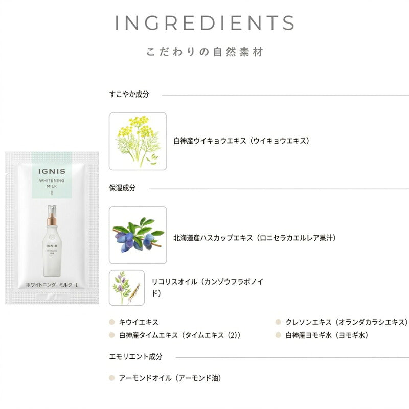 イグニス ホワイトニング ミルク I〈薬用美白乳液〉3g*4枚 & コットン 4枚付き お試しセット サシェサンプル トラベルサイズ サンプル 医薬部外品 美白有効成分 みずみずしい感触 キウイエキス クレソンエキス シミ・ソバカスを防ぐ 心地よい使用感 IGNIS