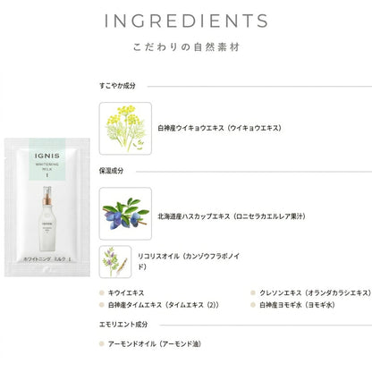 イグニス ホワイトニング ミルク I〈薬用美白乳液〉3g*4枚 & コットン 4枚付き お試しセット サシェサンプル トラベルサイズ サンプル 医薬部外品 美白有効成分 みずみずしい感触 キウイエキス クレソンエキス シミ・ソバカスを防ぐ 心地よい使用感 IGNIS